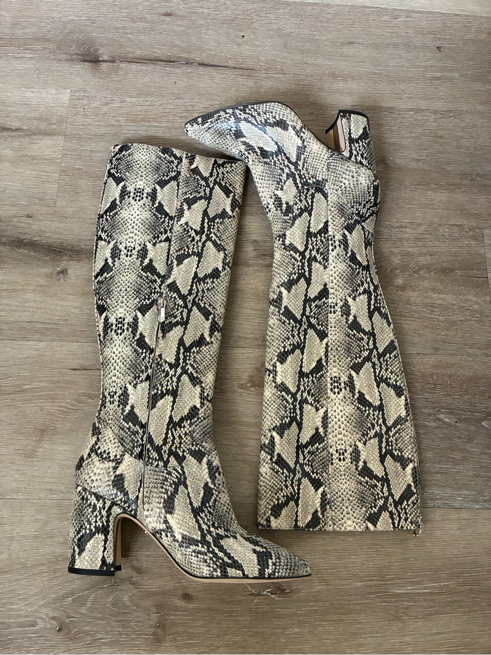 Sam Edelman Snake-Print Knee High Block Heel Boots - Beige/Black